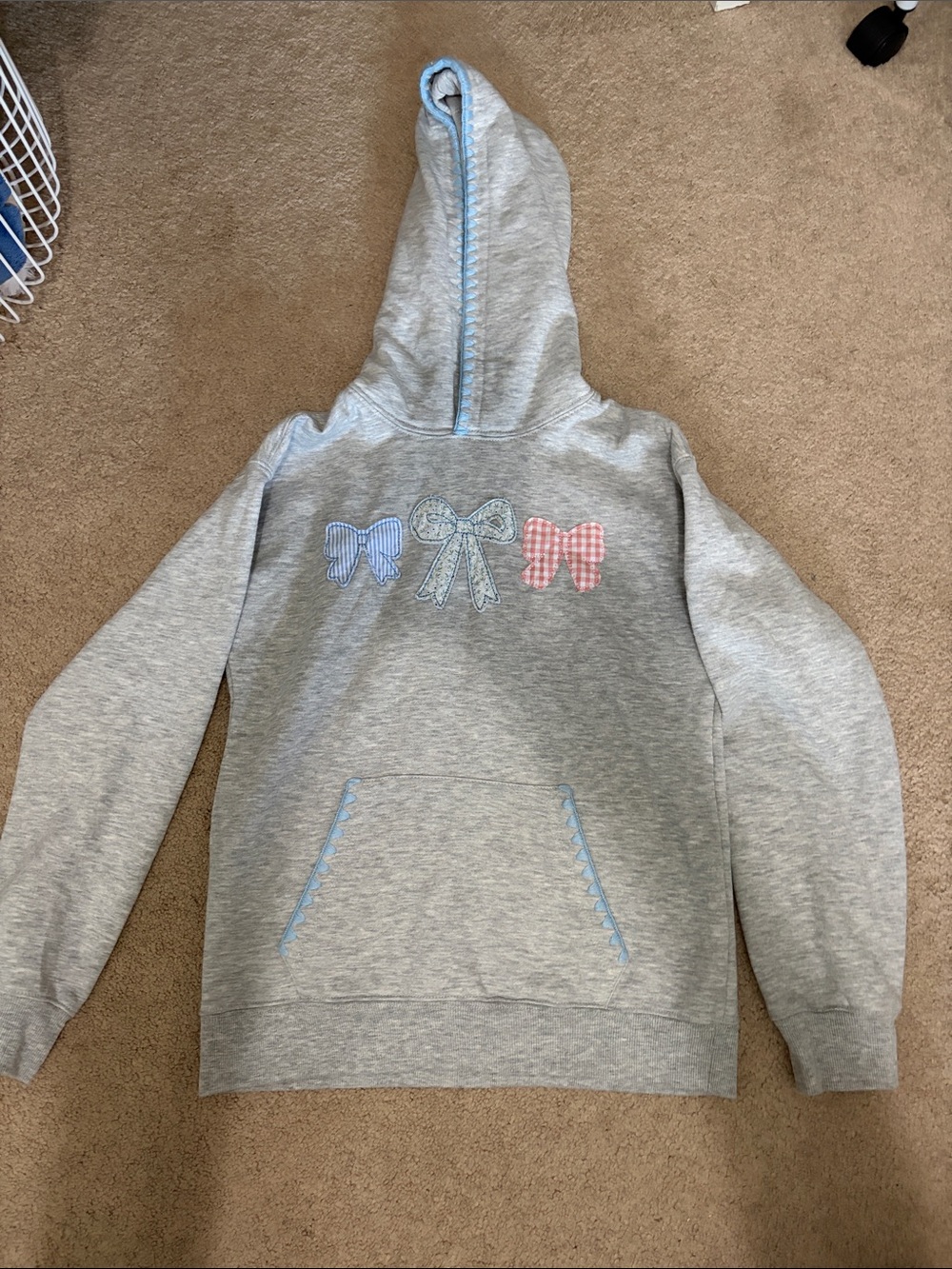 Girls' size 14 Gray Pullover Hoodie with Blue and Pink Bow Accents